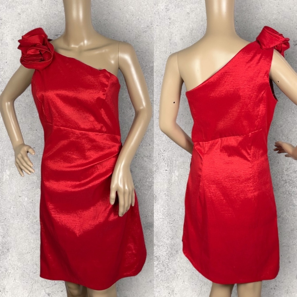 Vintage Jessica McClintock Red One Shoulder Rose Embellishment Cocktail Dress 8‎